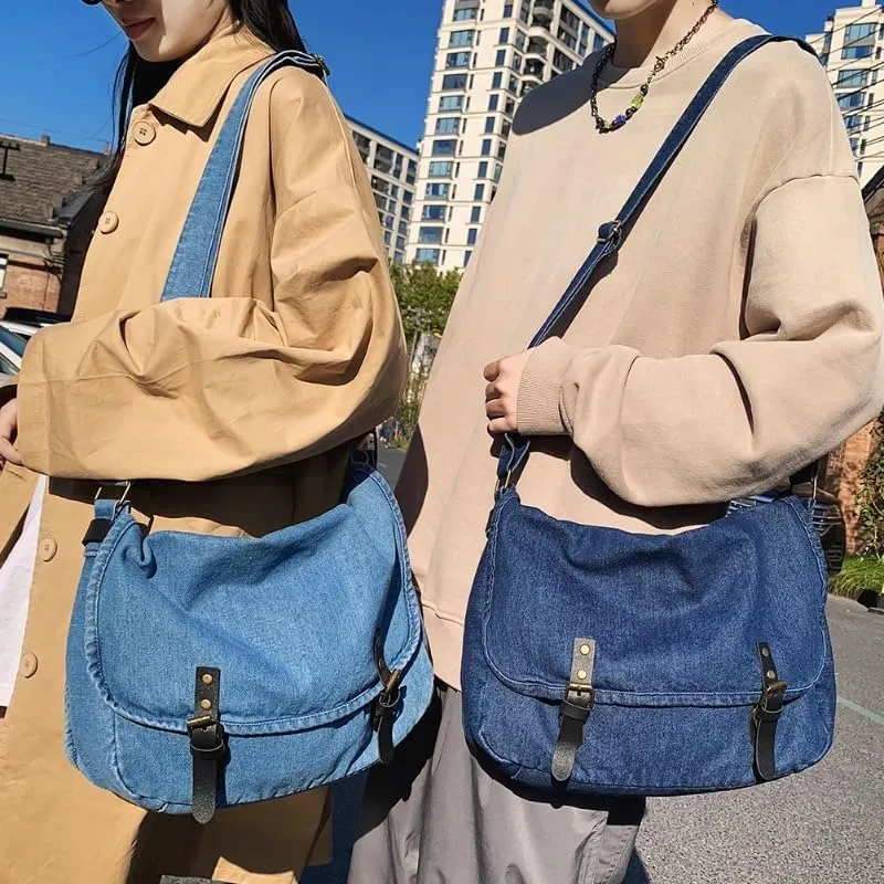 Pbkabiug Denim Shoulder Bag Large Capacity Satchels Crossbody Bag Soft Vintage Flap Buckle Casual Solid Color for Men Women