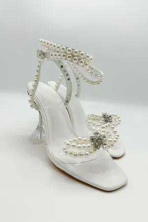 Pearlie Perspex Faux Pearl Bow Detail Heeled Sandals in White