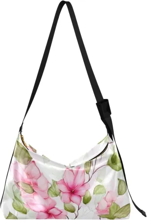 Pink Florals Leaves Tote Bag for Women Large Hobo Bags Crossbody Shoulder Bag Leather Hobo Bags with Adjustable Strap for Women Girl