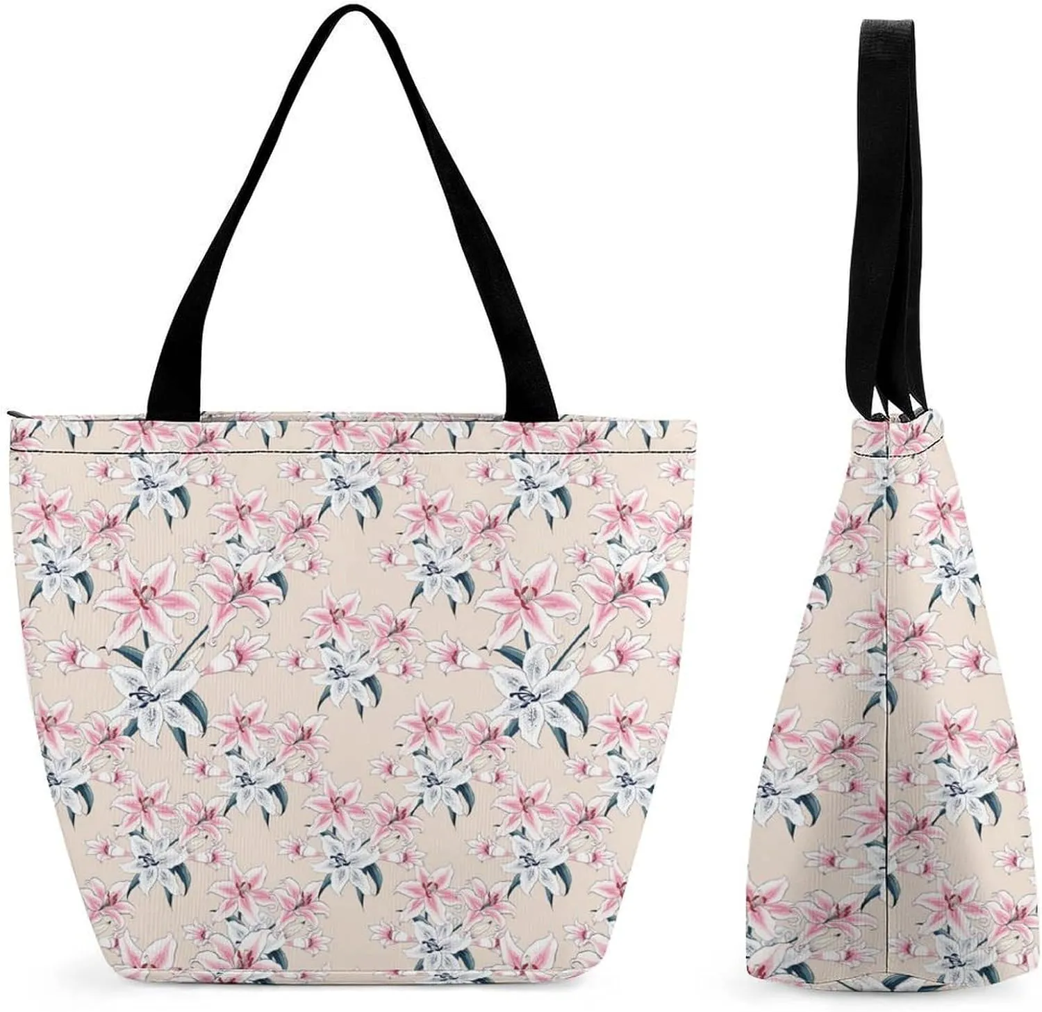 Pink Hibiscus Lily Flowers Hobo Handbags With Zipper Women's Tote Handbags