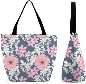 Pink Hibiscus Lily Flowers Hobo Handbags With Zipper Women's Tote Handbags
