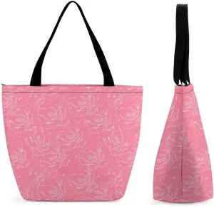 Pink Hibiscus Lily Flowers Hobo Handbags With Zipper Women's Tote Handbags