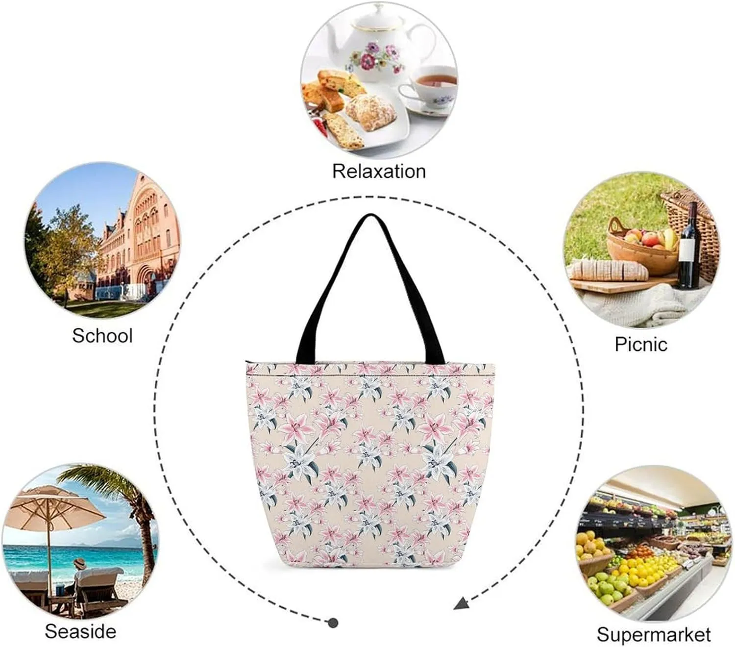 Pink Hibiscus Lily Flowers Hobo Handbags With Zipper Women's Tote Handbags