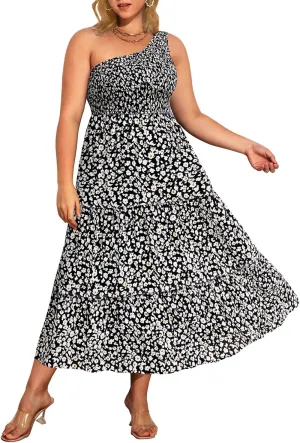 Pinup Fashion Women Plus Size One Shoulder Sleeveless Casual Summer Smocked Tiered Flowy Beach Boho Maxi Dress