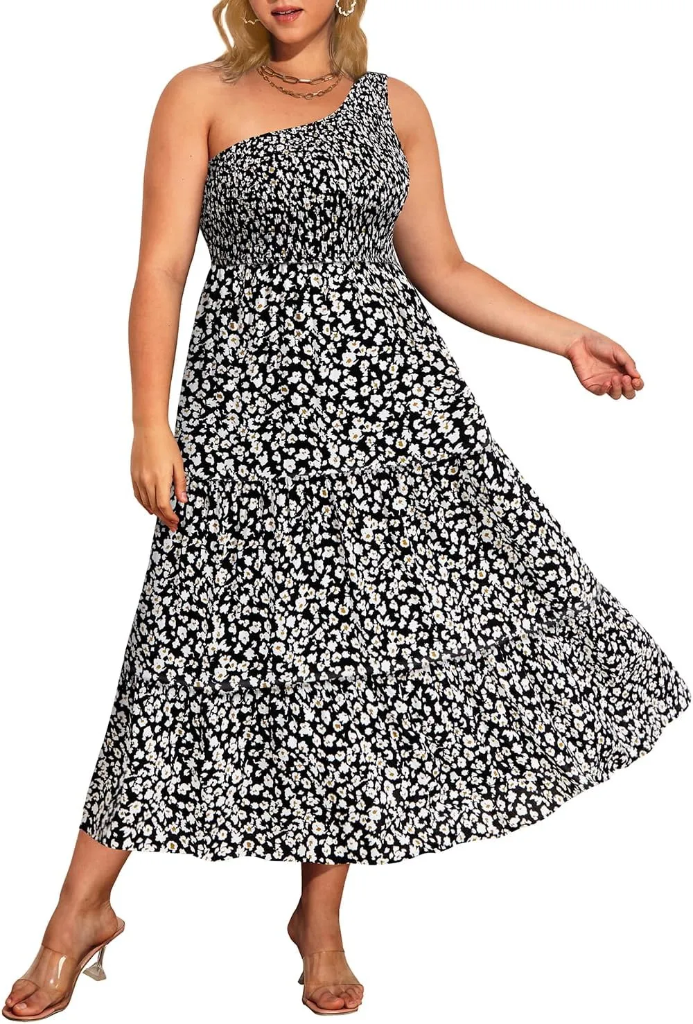 Pinup Fashion Women Plus Size One Shoulder Sleeveless Casual Summer Smocked Tiered Flowy Beach Boho Maxi Dress