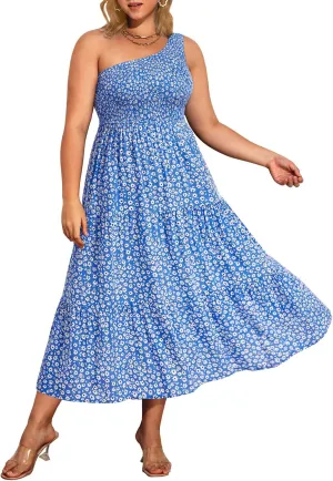 Pinup Fashion Women Plus Size One Shoulder Sleeveless Casual Summer Smocked Tiered Flowy Beach Boho Maxi Dress