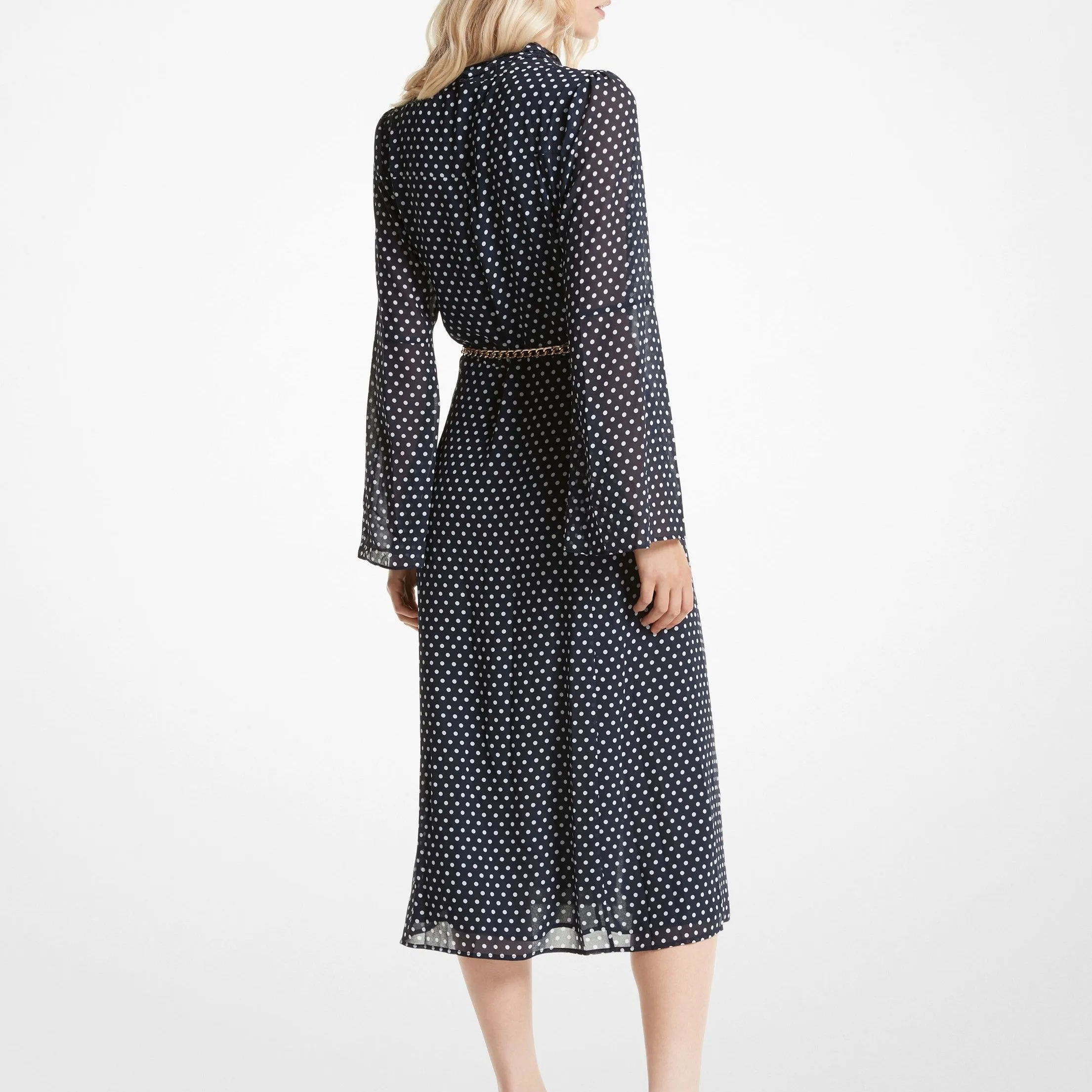Polka Dot Georgette Tie-Neck Midi Dress