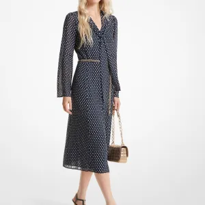 Polka Dot Georgette Tie-Neck Midi Dress