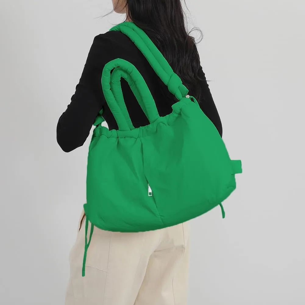 Puffer Tote Bag for Women Adjustable Strap Shoulder Bag Nylon Solid Crossbody Bag Large Capacity Puffy Purse for Sho