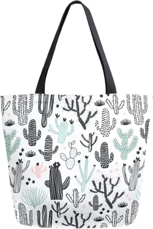 Retro Cactus Extra Large Canvas Shoulder Tote Storage Top Handle Bag for Gym Weekender Beach Travel Reusable Grocery Shopping