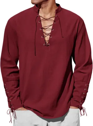 Runcati Mens Medieval Pirate Shirt Steampunk Renaissance Viking Retro Long Sleeve Lace Up Mercenary Halloween Costume Tops
