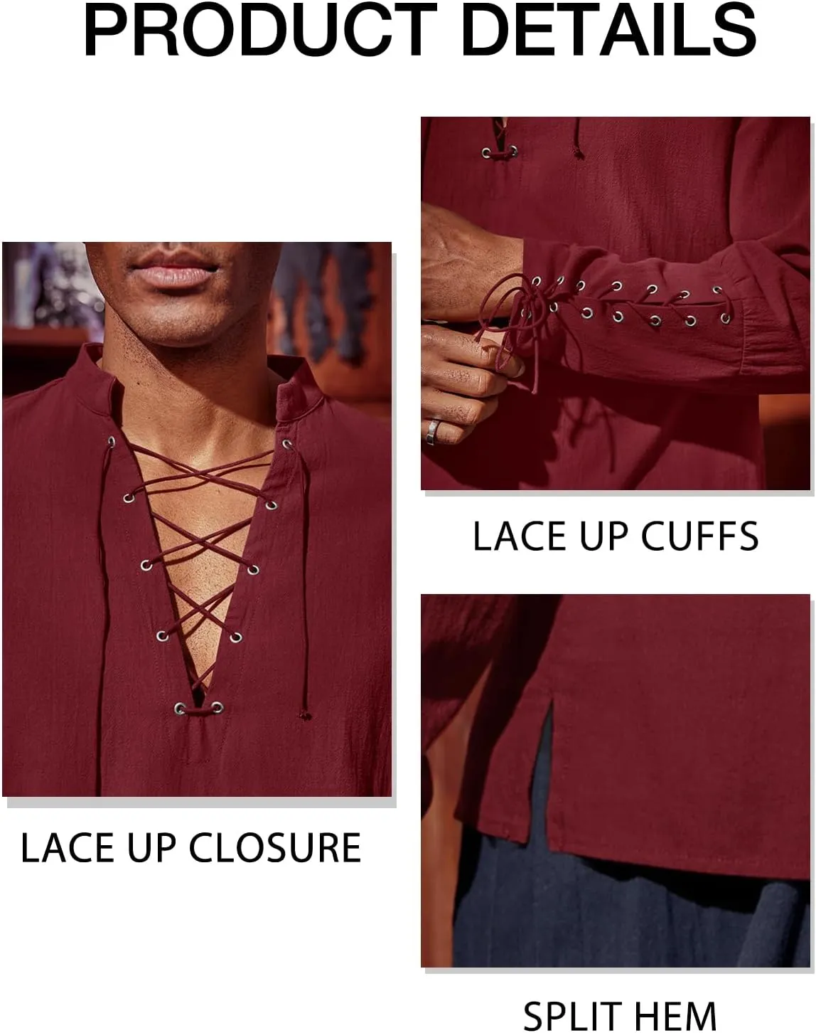 Runcati Mens Medieval Pirate Shirt Steampunk Renaissance Viking Retro Long Sleeve Lace Up Mercenary Halloween Costume Tops