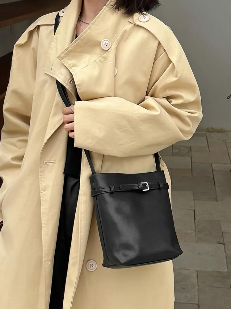 Rungion Trendy Genuine Leather Bucket Purses for Women Small Crossbody Shoulder Bag Handbags Ladies Casual Phone Satchels