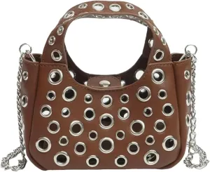 Rungion Trendy Vegan Leather Shoulder Bag for Women Small Y2k Rivet Handbags Crossbody Purse with Chain Satchels 2025