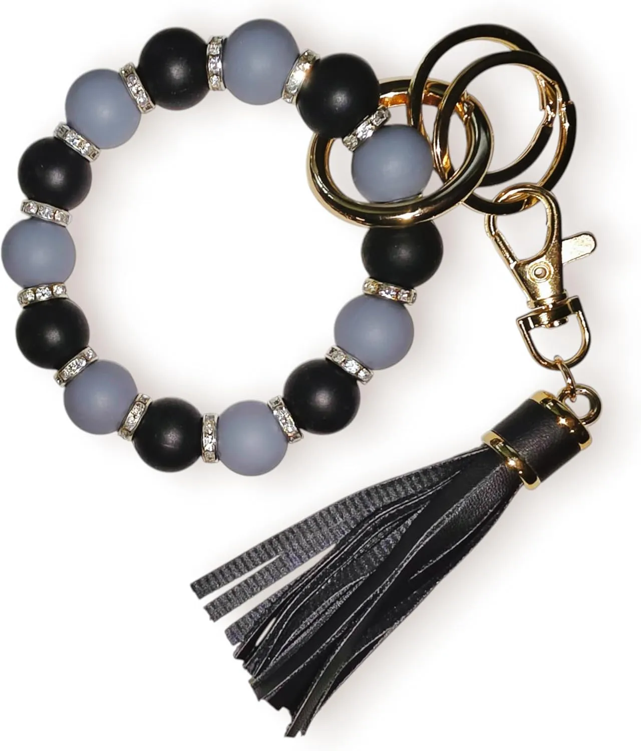 Silicone Beaded Bracelet Keychain Wristlet Key Ring Bangle Chains for Women with PU Leather Tassel, Gifts (Gray-NC)
