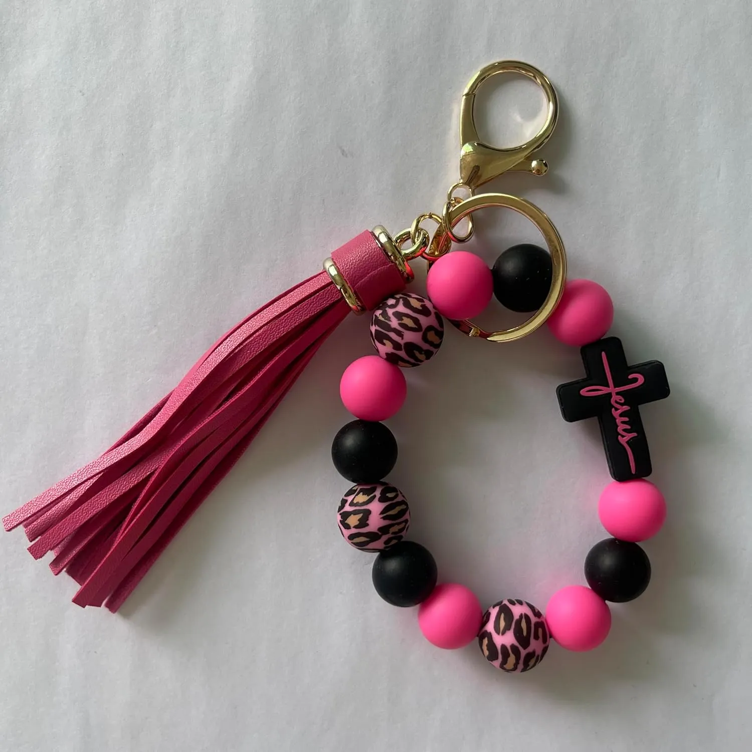 Silicone Beaded Jesus Cross Wristlet Keychain Leather Tassel,Key Ring Wrist Bangle,Key Chains Bracelet Women