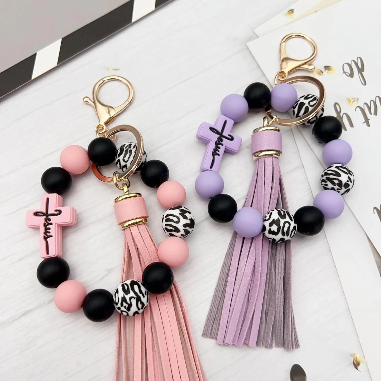 Silicone Beaded Jesus Cross Wristlet Keychain Leather Tassel,Key Ring Wrist Bangle,Key Chains Bracelet Women