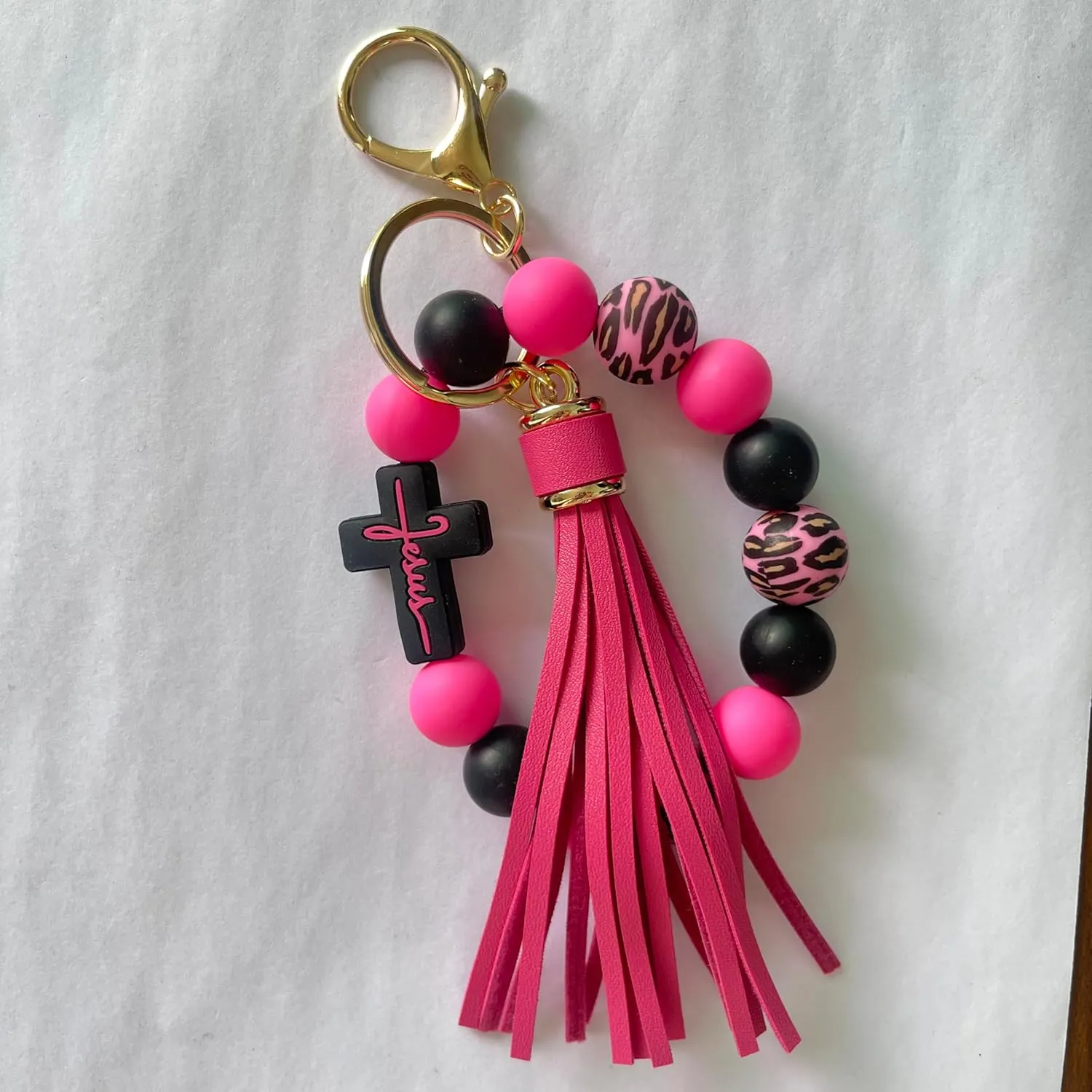 Silicone Beaded Jesus Cross Wristlet Keychain Leather Tassel,Key Ring Wrist Bangle,Key Chains Bracelet Women