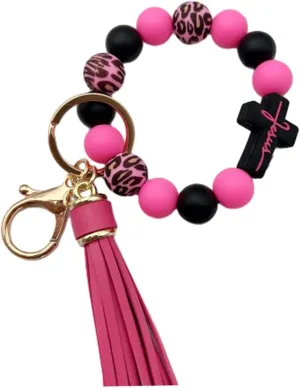 Silicone Beaded Jesus Cross Wristlet Keychain Leather Tassel,Key Ring Wrist Bangle,Key Chains Bracelet Women