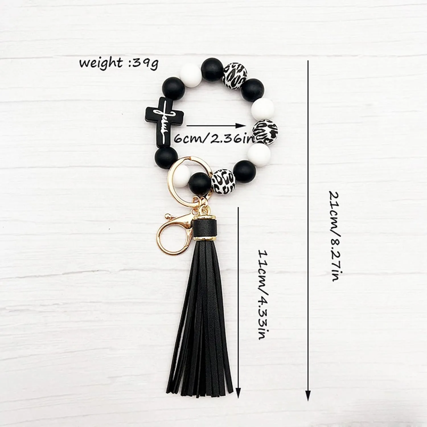 Silicone Beaded Jesus Cross Wristlet Keychain Leather Tassel,Key Ring Wrist Bangle,Key Chains Bracelet Women