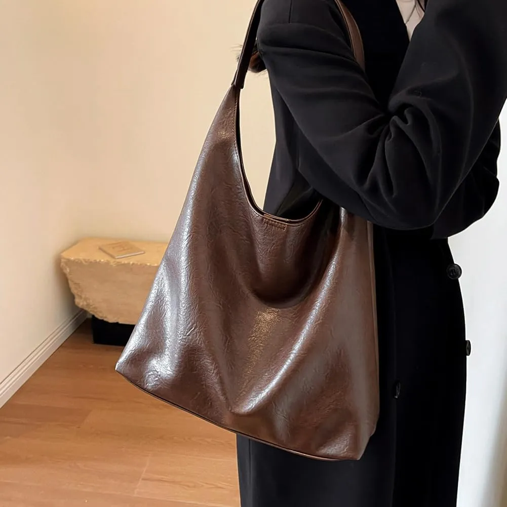 Slouchy Hobo Bag for Women Work Tote Bag Leather Shoulder Bag Brown Purse Handbag Carryall Work Bags