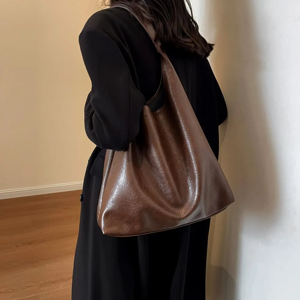 Slouchy Hobo Bag for Women Work Tote Bag Leather Shoulder Bag Brown Purse Handbag Carryall Work Bags