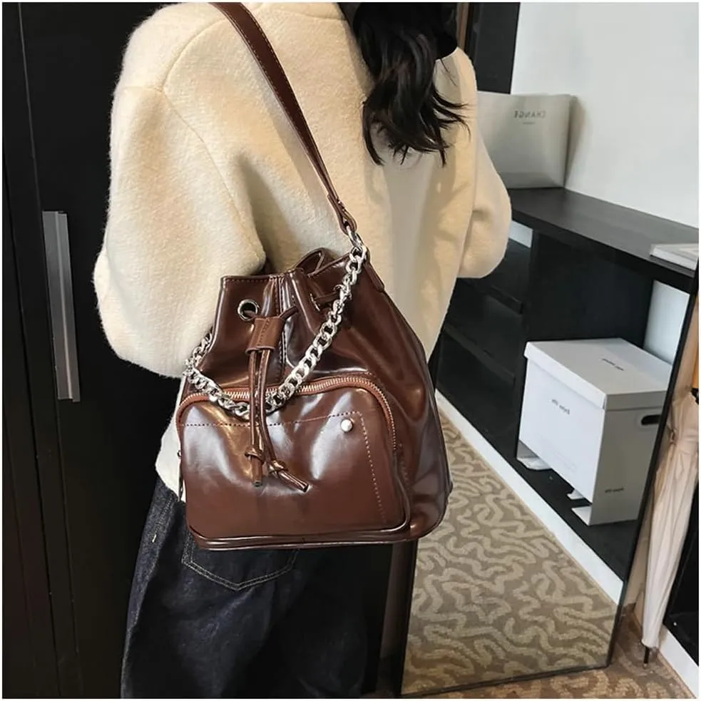 Slouchy PU Leather Bucket Hobo Bags Women Trendy Crescent Crossbody Purse Top-handle Shoulder Satchels Bag Tote Handbag
