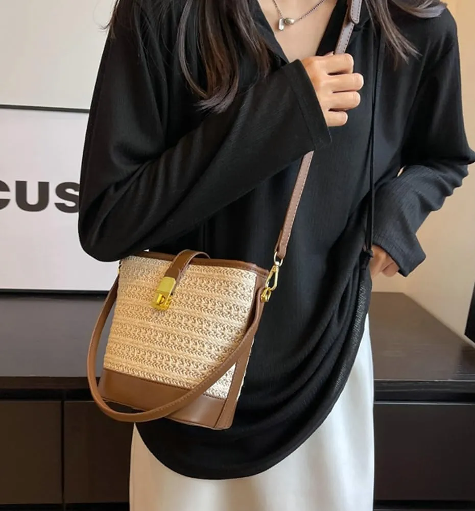 Slouchy Woven Shoulder Handbags for Women Bucket Bag Boho-style Crossbody Purse Ladies Satchels Commuter Bag