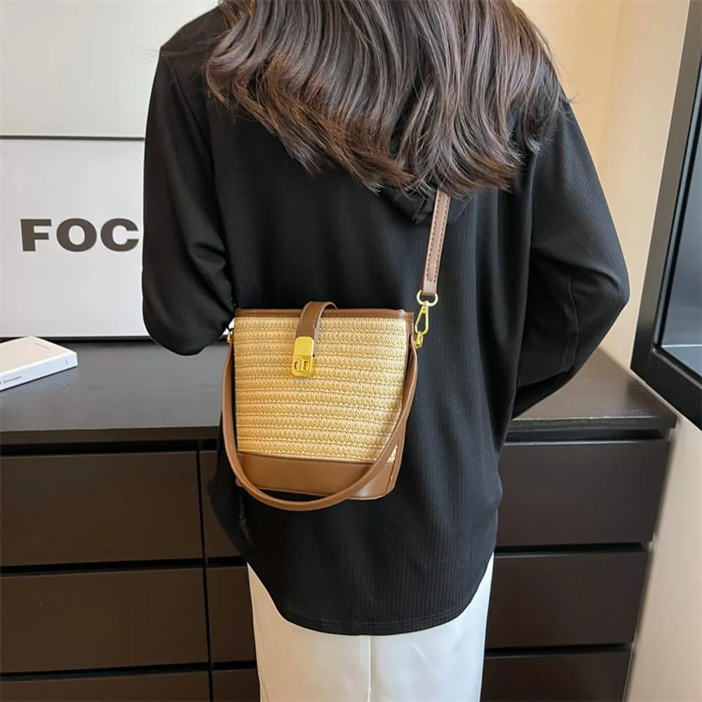 Slouchy Woven Shoulder Handbags for Women Bucket Bag Boho-style Crossbody Purse Ladies Satchels Commuter Bag