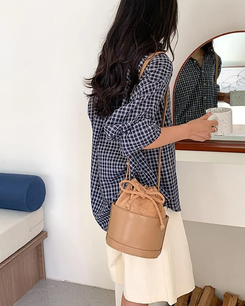 Small Bucket Bag for Women Vintage Vegan Leather Shoulder Crossbody Purse Tote Bag Handbags Drawstring Satchels