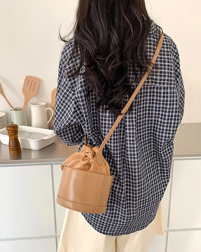 Small Bucket Bag for Women Vintage Vegan Leather Shoulder Crossbody Purse Tote Bag Handbags Drawstring Satchels