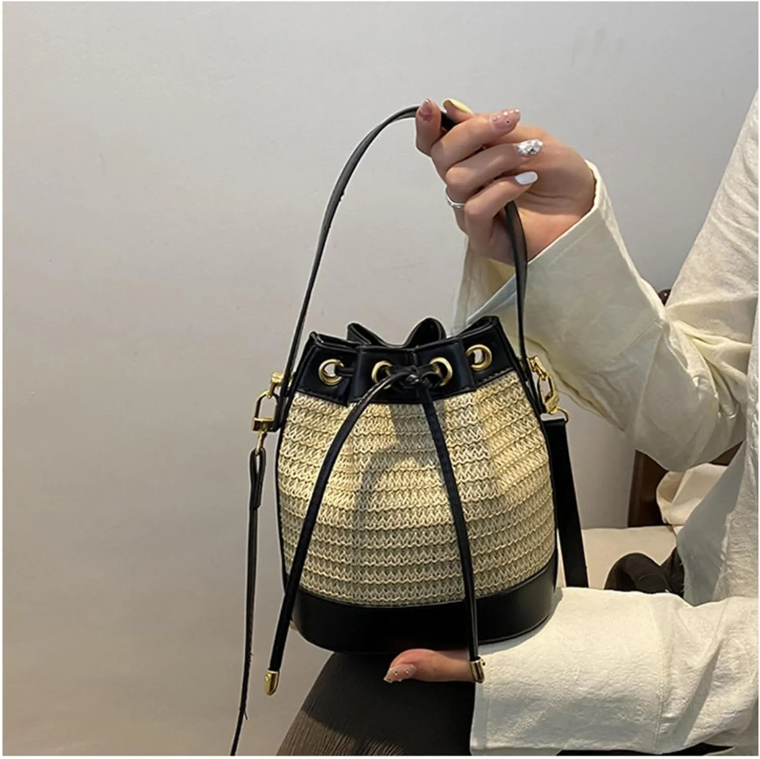 Small Straw Bag Bucket Crossbody Bag for Women Canvas Leather Shoulder Bohemian Tote Messenger Bag Purse Satchels