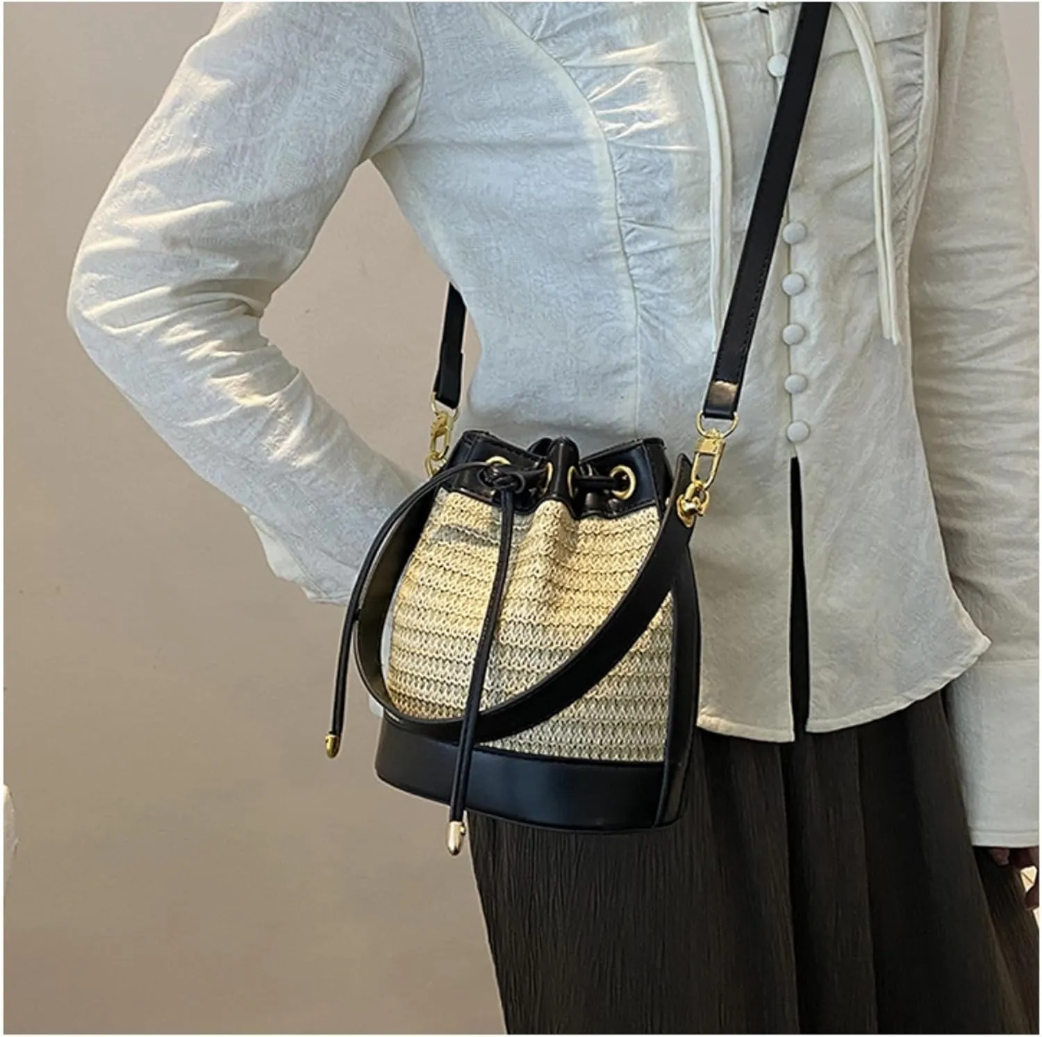 Small Straw Bag Bucket Crossbody Bag for Women Canvas Leather Shoulder Bohemian Tote Messenger Bag Purse Satchels