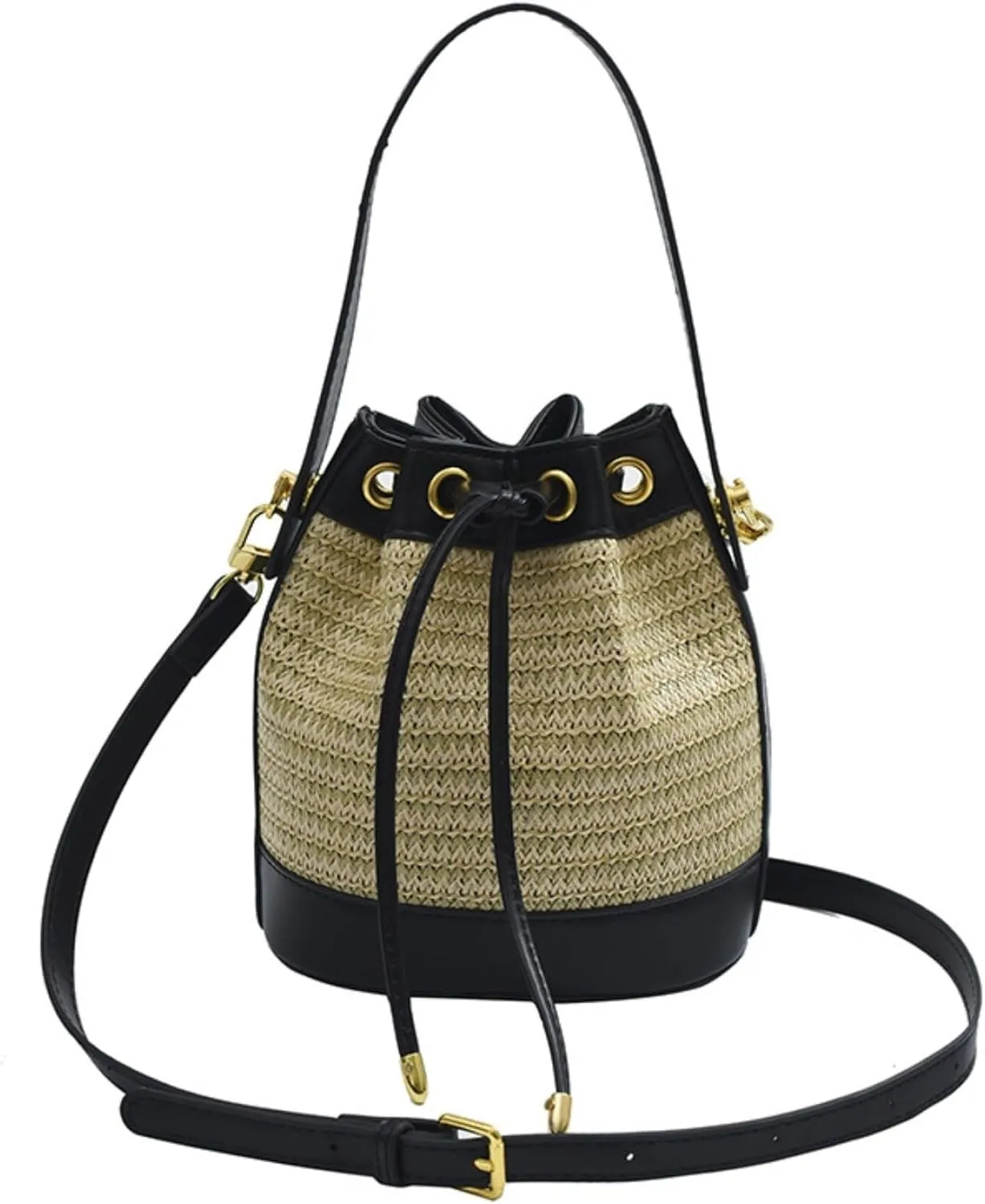 Small Straw Bag Bucket Crossbody Bag for Women Canvas Leather Shoulder Bohemian Tote Messenger Bag Purse Satchels