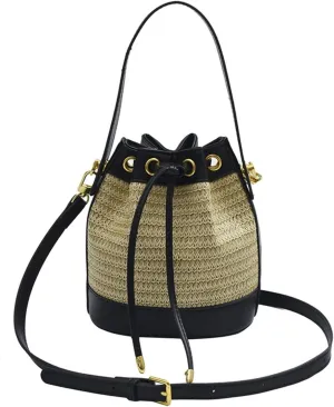 Small Straw Bag Bucket Crossbody Bag for Women Canvas Leather Shoulder Bohemian Tote Messenger Bag Purse Satchels