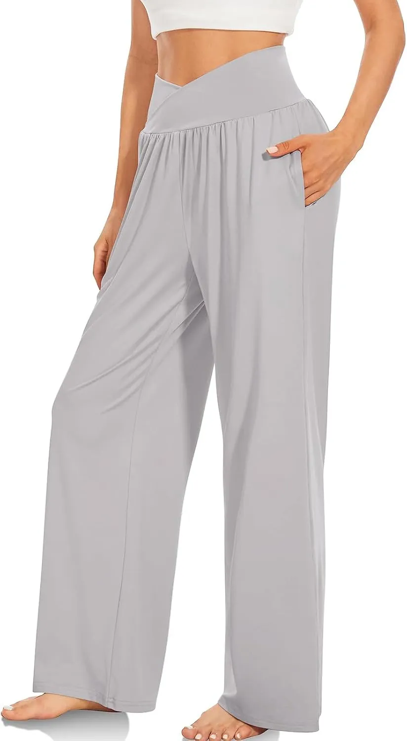SMIDOW Womens Wide Leg Yoga Pants with Pockets Casual Loose High Waist Workout Pants Comfy Lounge Trousers Bootcut