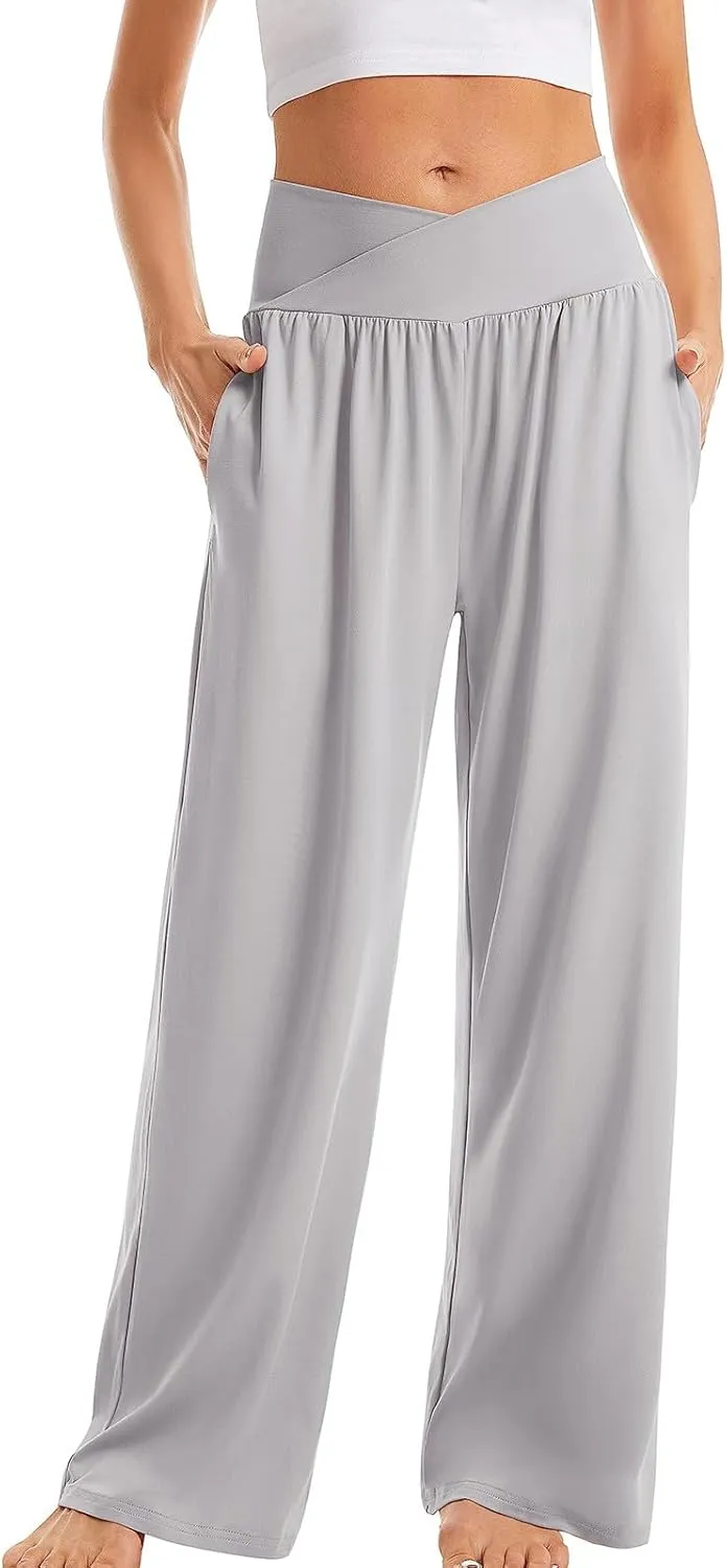 SMIDOW Womens Wide Leg Yoga Pants with Pockets Casual Loose High Waist Workout Pants Comfy Lounge Trousers Bootcut