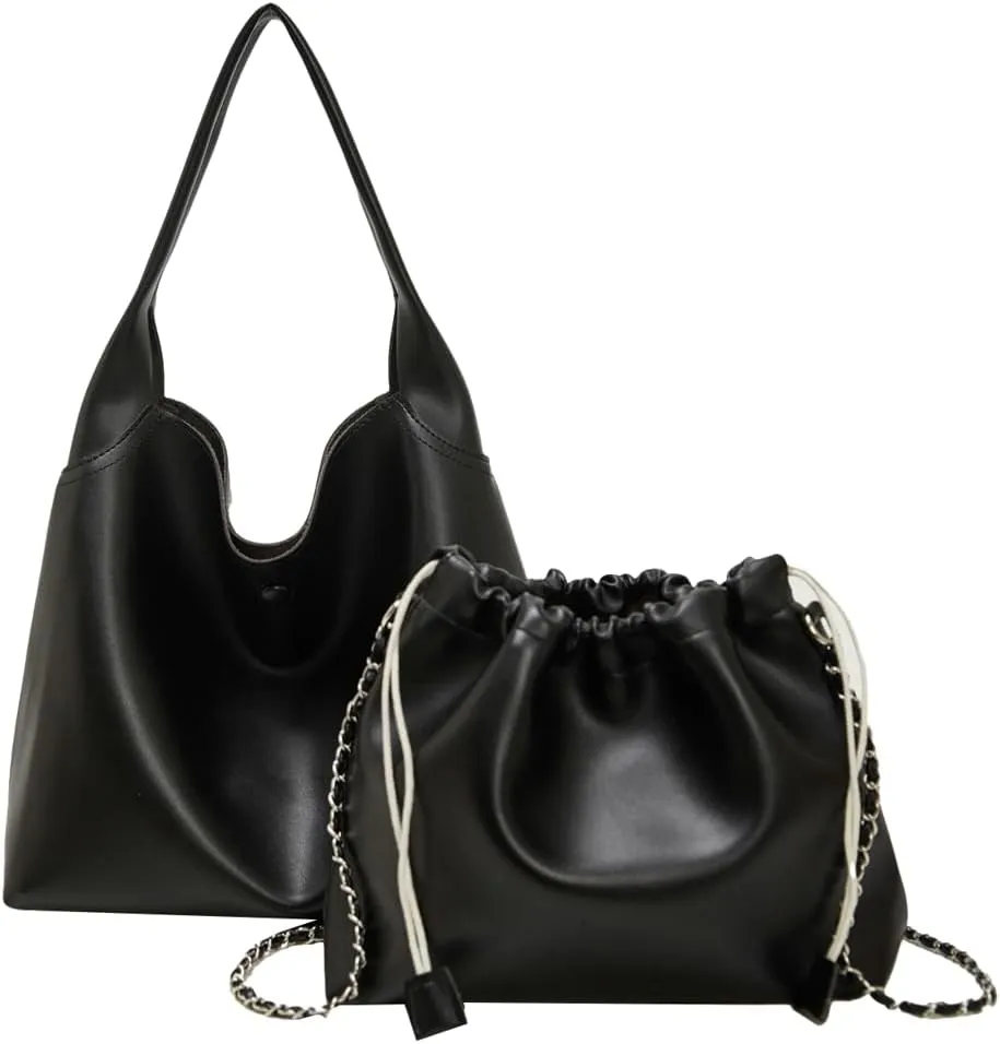 Soft Vegan Leather Shoulder Bag for Women Large Casual Retro Handbags Working Shopping Tote Purse Satchels 2pcs