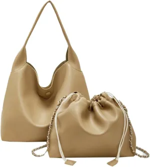 Soft Vegan Leather Shoulder Bag for Women Large Casual Retro Handbags Working Shopping Tote Purse Satchels 2pcs