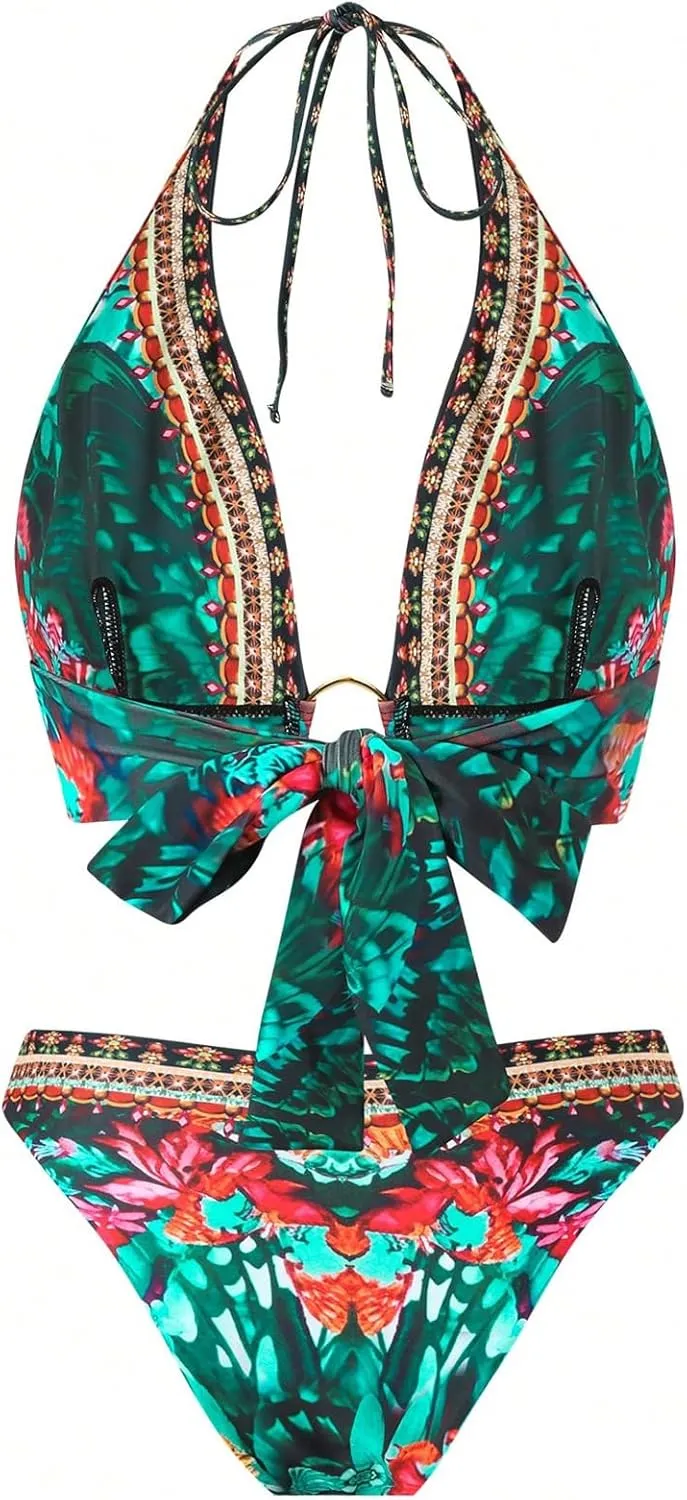 SOLY HUX Bikini Sets for Women Floral Print Halter Bathing Suit Tie Back Boho Vacation Two Piece Swimsuit