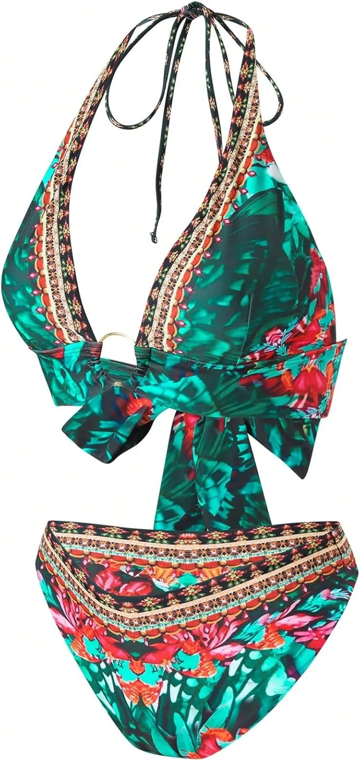 SOLY HUX Bikini Sets for Women Floral Print Halter Bathing Suit Tie Back Boho Vacation Two Piece Swimsuit