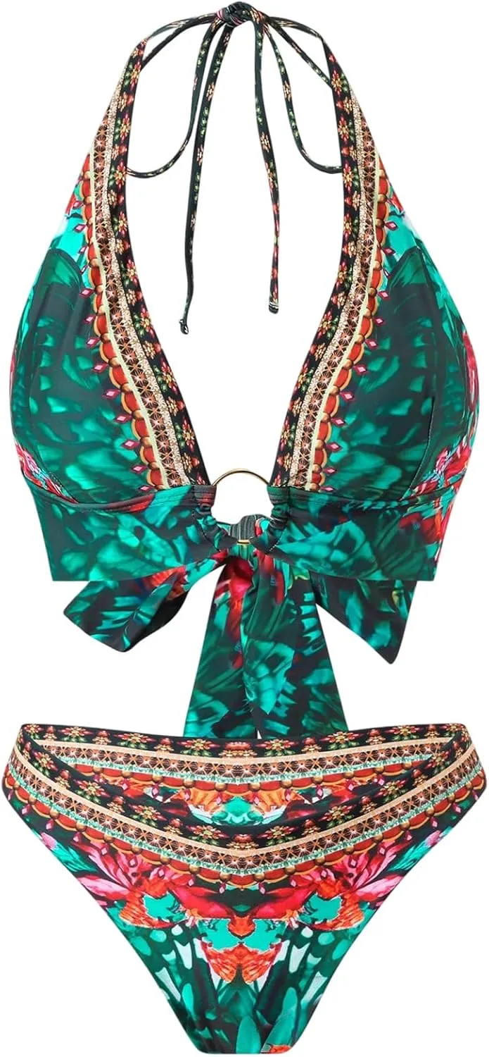 SOLY HUX Bikini Sets for Women Floral Print Halter Bathing Suit Tie Back Boho Vacation Two Piece Swimsuit
