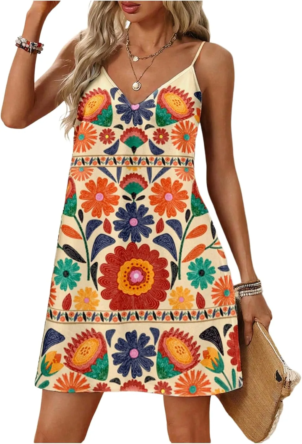 SOLY HUX Women's Summer Dress Floral Print V Neck Spaghetti Strap Cami Short Dresses Vacation Sundress