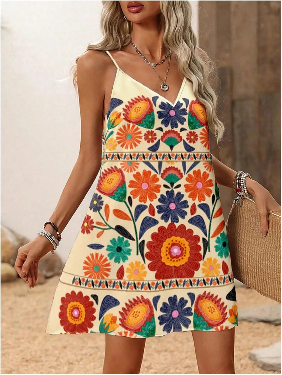 SOLY HUX Women's Summer Dress Floral Print V Neck Spaghetti Strap Cami Short Dresses Vacation Sundress