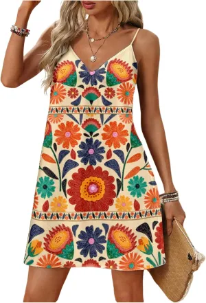 SOLY HUX Women's Summer Dress Floral Print V Neck Spaghetti Strap Cami Short Dresses Vacation Sundress