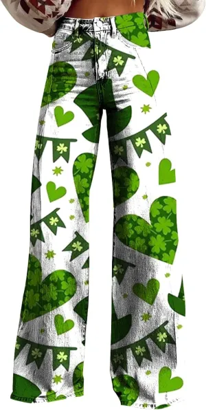 St Patricks Day Outfits for Women Shamrock Prints Patch Mid Waist High Waist Floral Patterned Pants Casual Work