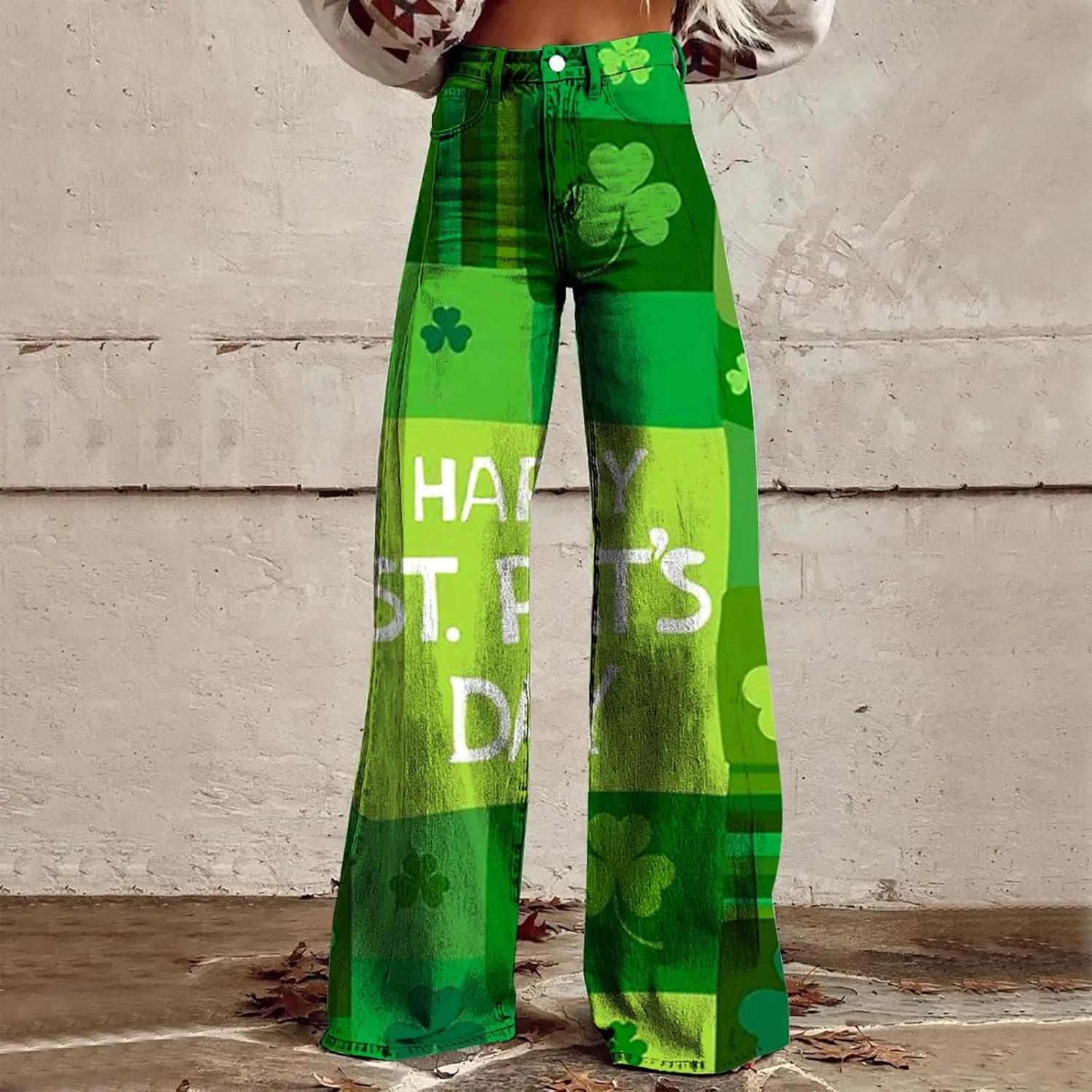 St Patricks Day Outfits for Women Shamrock Prints Patch Mid Waist High Waist Floral Patterned Pants Casual Work