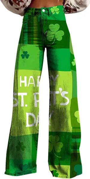 St Patricks Day Outfits for Women Shamrock Prints Patch Mid Waist High Waist Floral Patterned Pants Casual Work