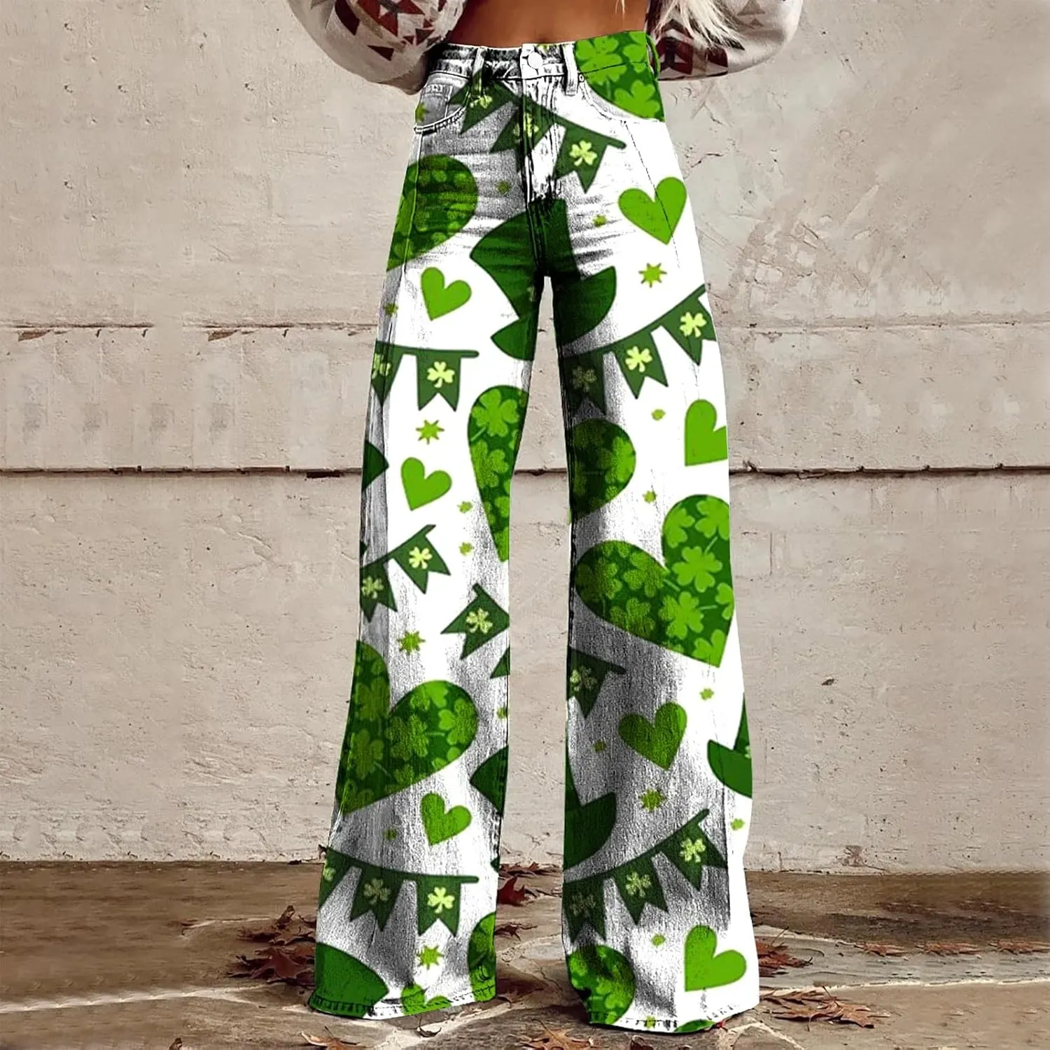 St Patricks Day Outfits for Women Shamrock Prints Patch Mid Waist High Waist Floral Patterned Pants Casual Work