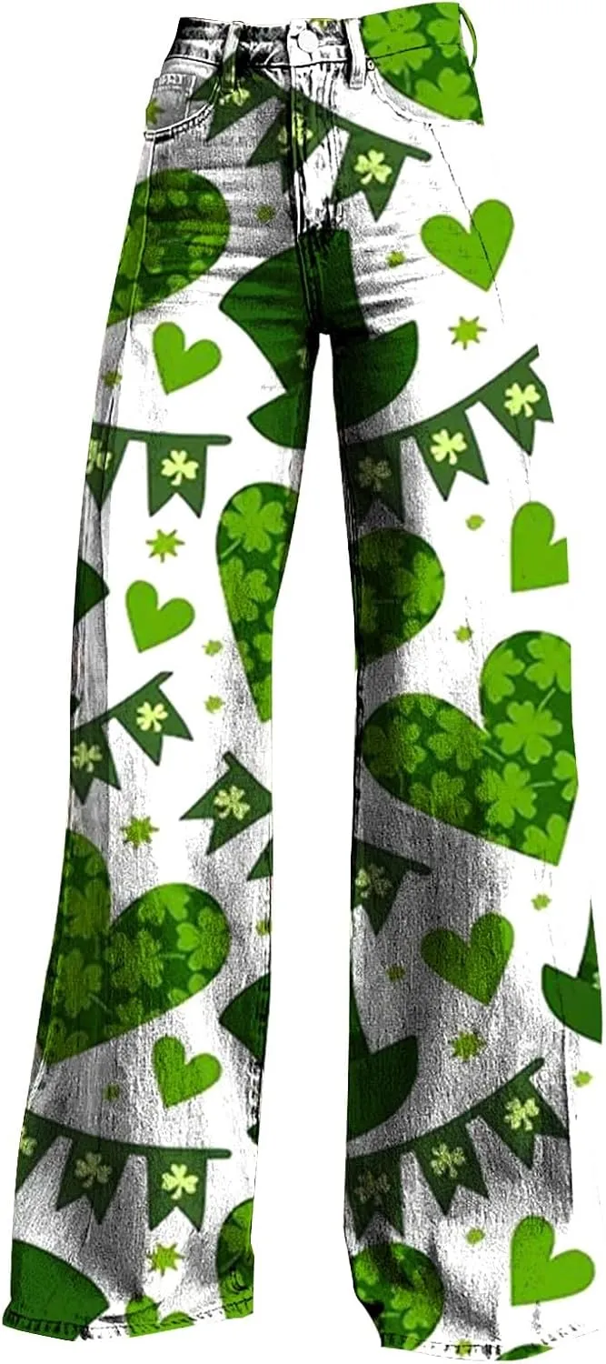St Patricks Day Outfits for Women Shamrock Prints Patch Mid Waist High Waist Floral Patterned Pants Casual Work